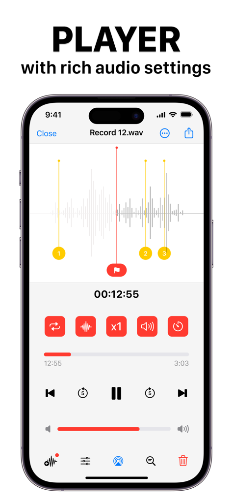 Advanced audio player interface of the Voice Recorder app with waveform and playback settings on an iPhone screen