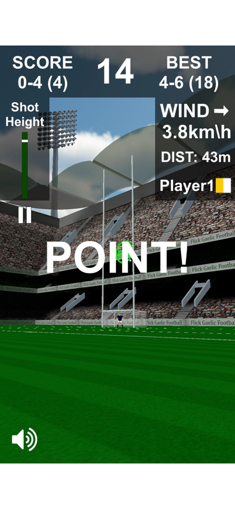 Gameplay screen of Flick Gaelic Football showing a successful point score in a 3D stadium