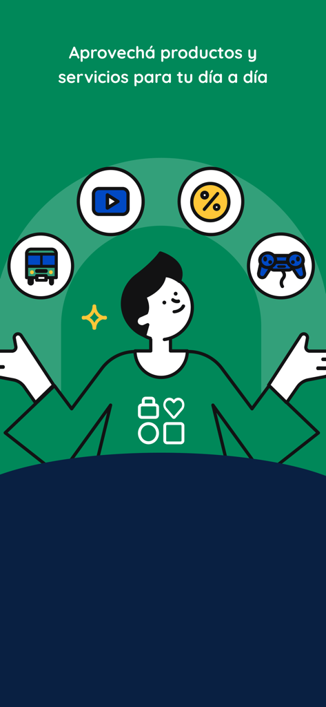Illustration of a user surrounded by icons for transportation, video, discounts, and gaming services within the MODO app interface