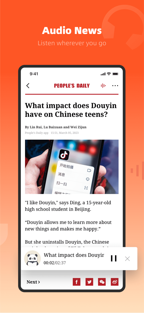 People's Daily - A screenshot of the People's Daily app showcasing its Audio News feature with a mobile interface and audio player.