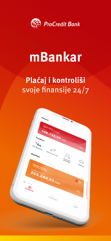 mBankar ProCredit Bank Srbija - mBankar mobile banking app interface by ProCredit Bank Srbija displayed on a smartphone screen showing account balances and financial shortcuts
