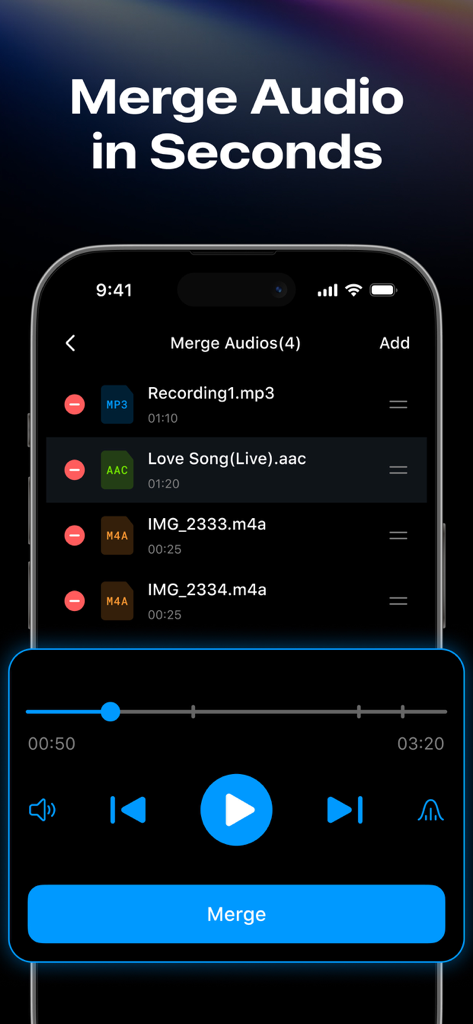 結合する準備ができているMP3およびAACファイルのリストが表示されたオーディオマージャー機能を示すスマートフォンの画面。