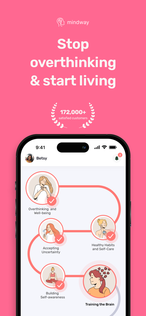 Mindway: Stop Overthinking - Mindway app interface showing a personalized mental wellness journey map with lessons on overthinking and building self awareness