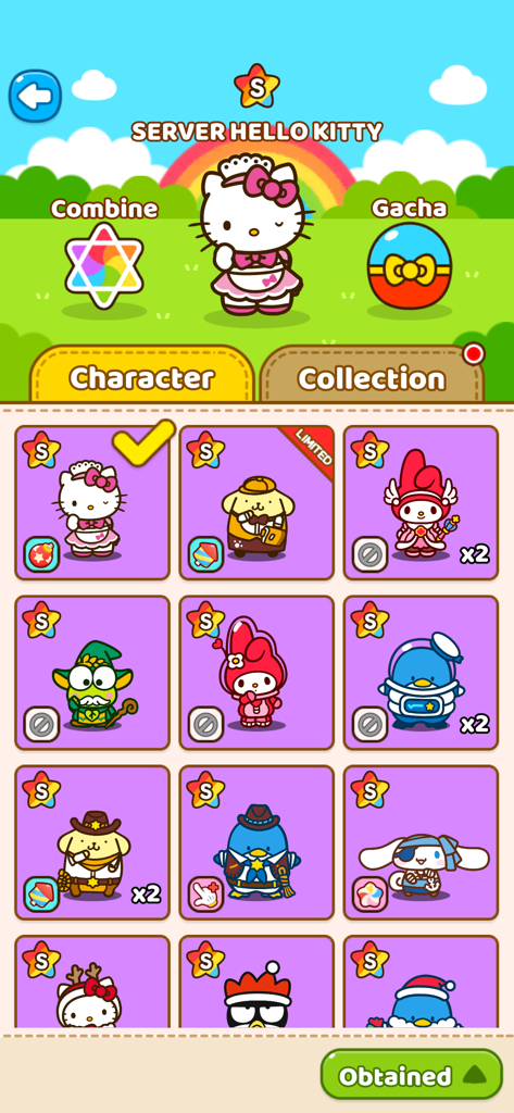 様々な衣装を着たサンリオキャラクターが表示されている、ハローキティフレンズのキャラクターコレクションメニュー