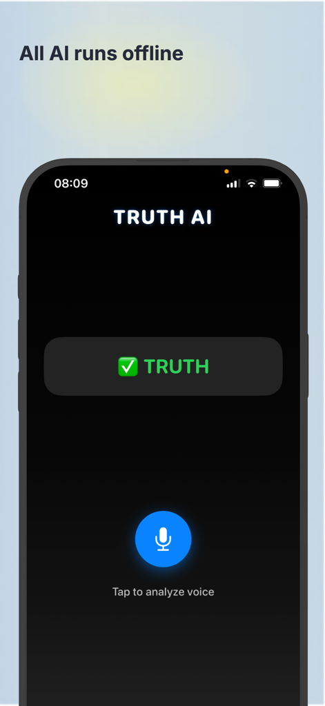 Truth AI app showing a green checkmark and the word TRUTH on an iPhone screen.