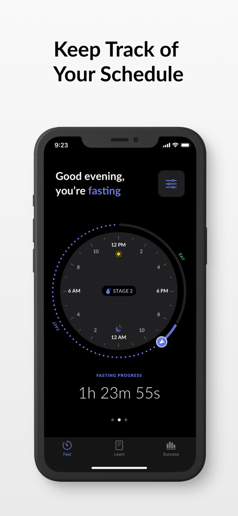 Feather - Intermittent Fasting - Pantalla del temporizador de ayuno de la aplicación Feather que muestra un horario circular y el progreso actual del ayuno.
