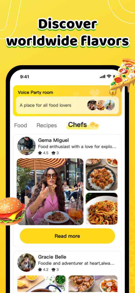 Seeya - Interfaz de la aplicación Seeya mostrando sabores del mundo y una comunidad de entusiastas de la comida