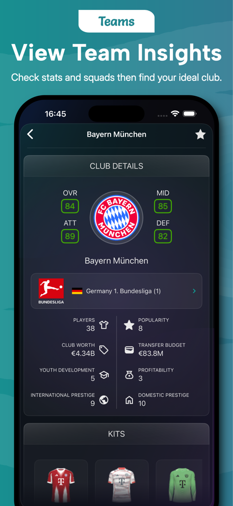 Potentials: FC26 Career Mode - A screenshot of the Potentials app showing detailed team insights and club statistics for Bayern Munich in FC 26 Career Mode