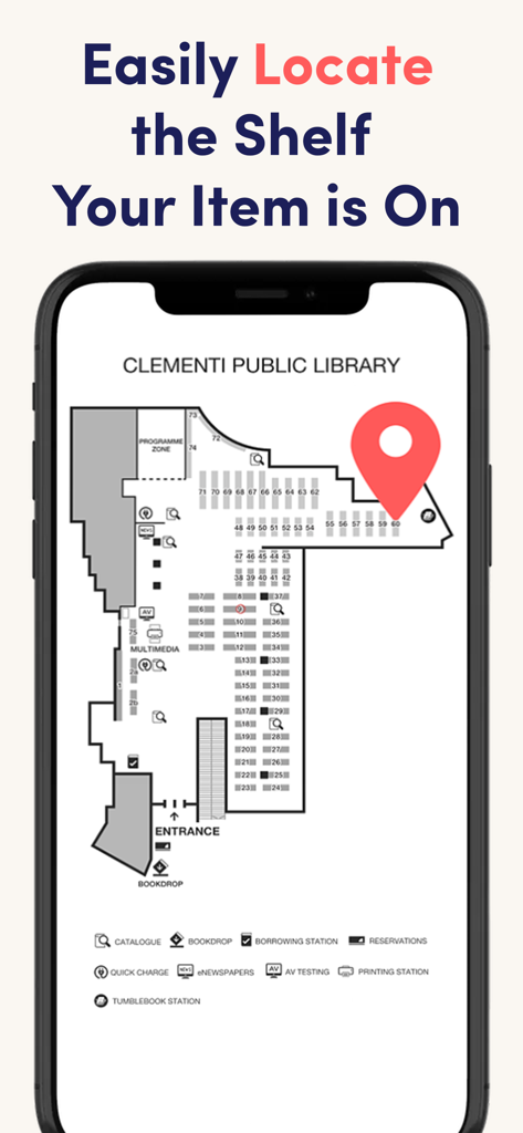 NLB Mobile - Función de mapa interior de la aplicación NLB Mobile que muestra la ubicación de un libro en el estante de una biblioteca