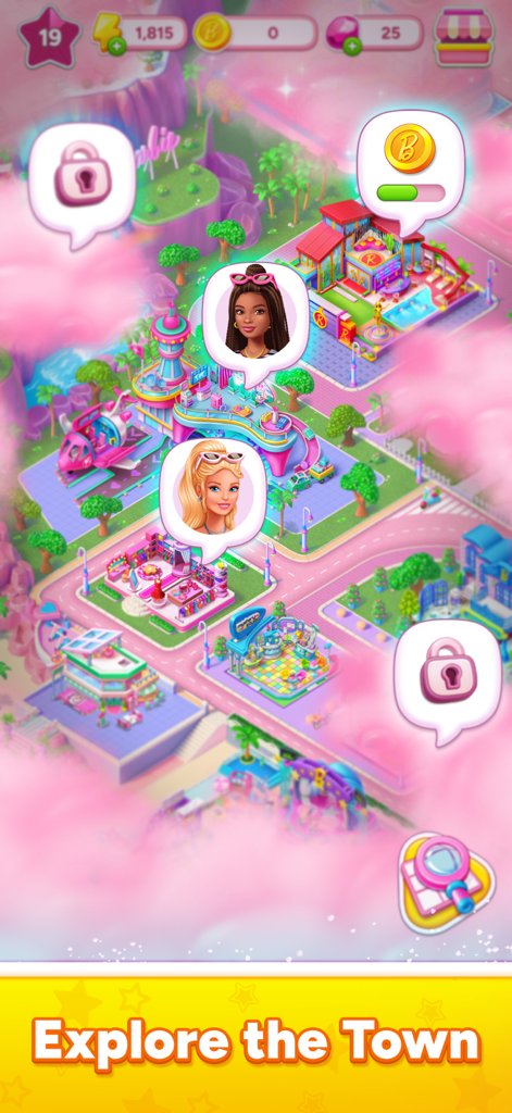 Barbie™ Merge Mystery - Una vista de arriba hacia abajo del mapa de la ciudad del juego de Barbie con varios edificios coloridos e íconos de personajes rodeados por una niebla rosa