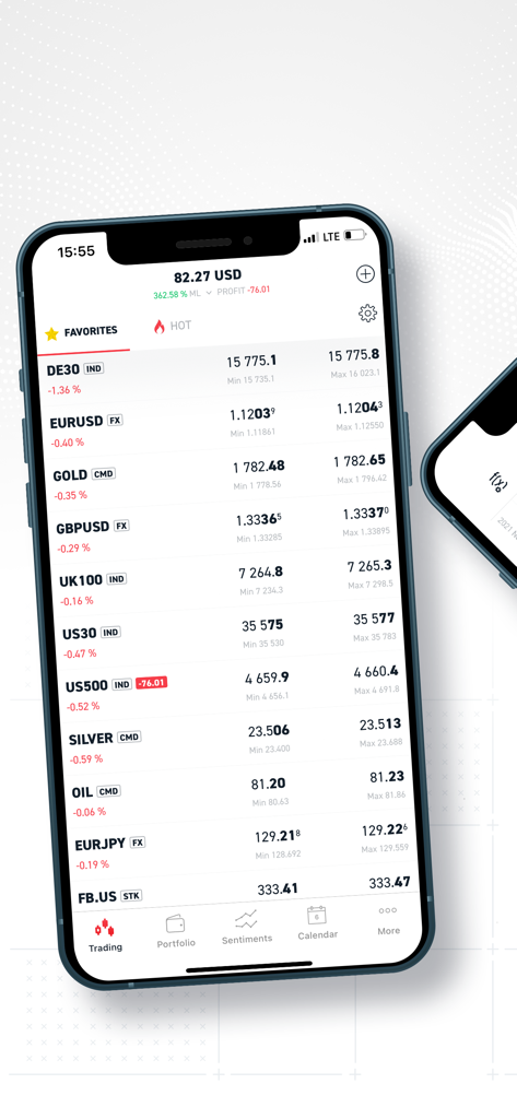 XOH Trader mobile app interface showing real-time market prices for forex and commodities