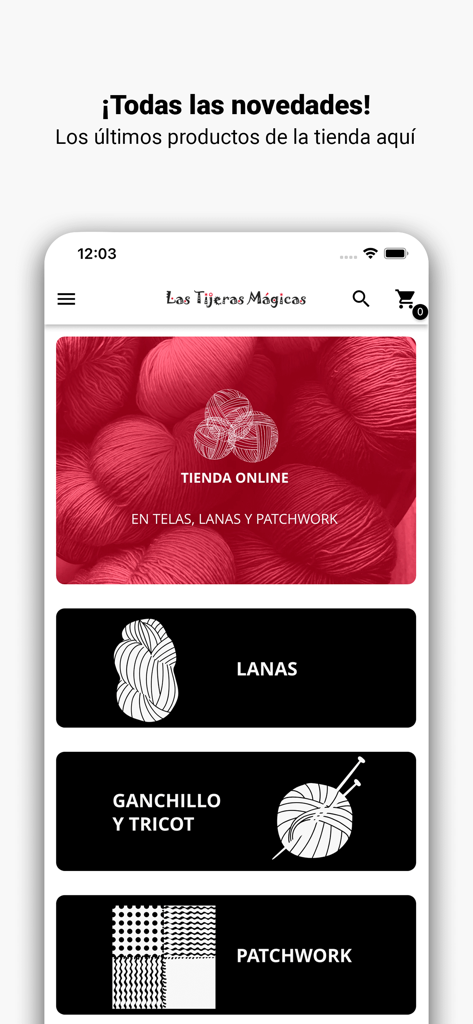 Las Tijeras Mágicas - Pantalla de inicio de la app móvil Las Tijeras Magicas mostrando categorías de lana, ganchillo, tejido y patchwork