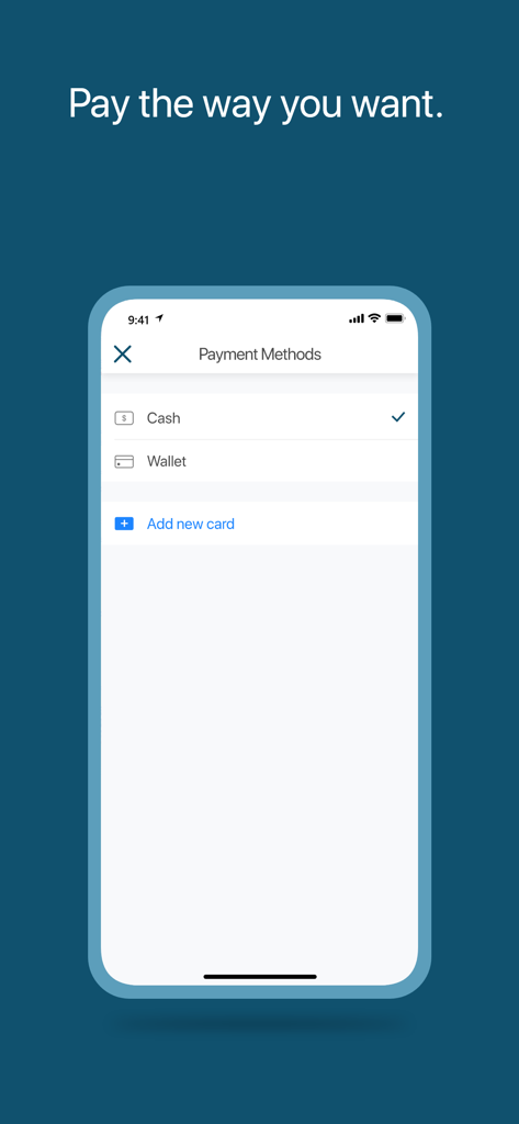 Obr - Obr mobile app payment methods screen with options for cash wallet and adding a new card