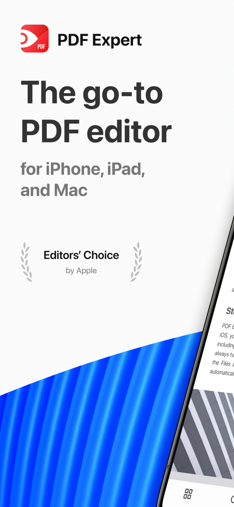 PDF Expert Werbebildschirm, der den Apple Editors Choice Award und die Unterstützung für iPhone, iPad und Mac zeigt