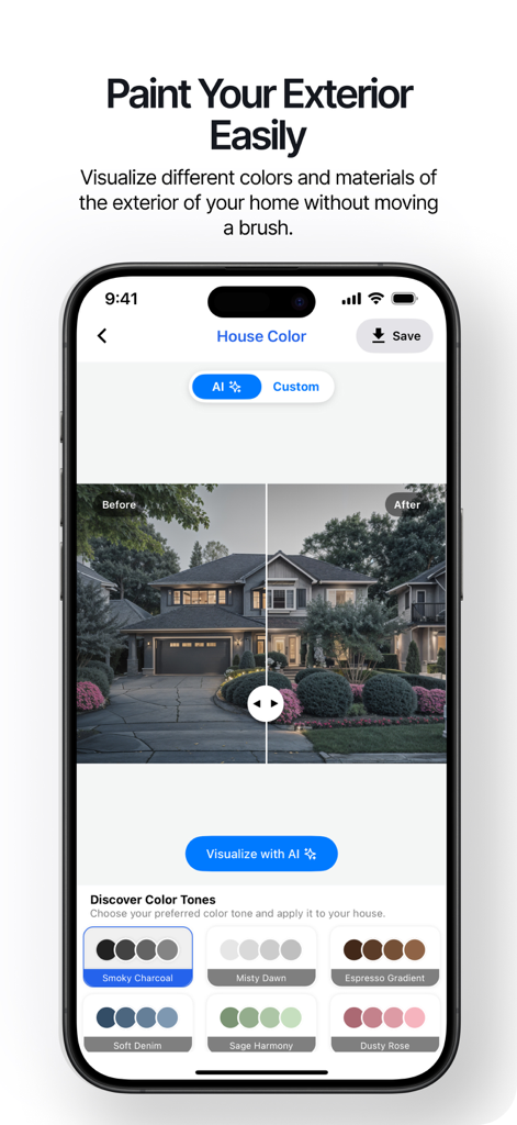Renovate AI - Home Design - Interface de um aplicativo móvel mostrando uma comparação antes e depois de uma casa exterior gerada por IA com paletas de tons de cores personalizadas.
