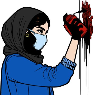 realistic girl with mask spray painting a wall