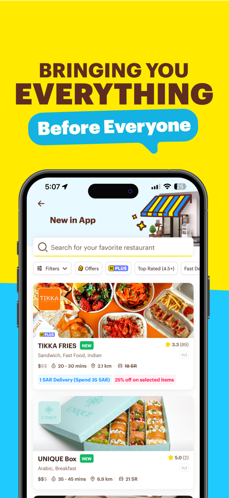 HungerStation - Food Delivery - HungerStation-Mobil-App-Oberfläche mit Restaurantlisten und Essenslieferoptionen