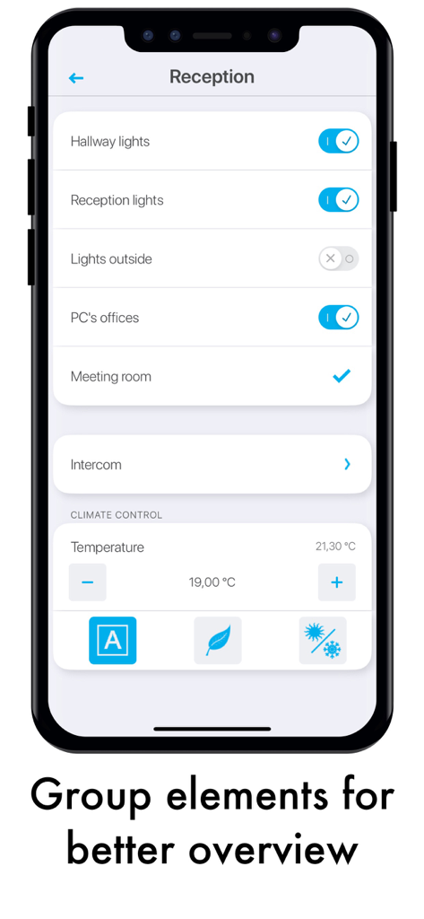 xxter - Tela do smartphone exibindo controles de iluminação e clima do aplicativo xxter para uma área de recepção
