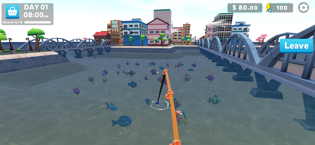 Dreamy Town - Jugabilidad de pesca relajante en Dreamy Town mostrando una caña de pescar y peces de colores en el agua