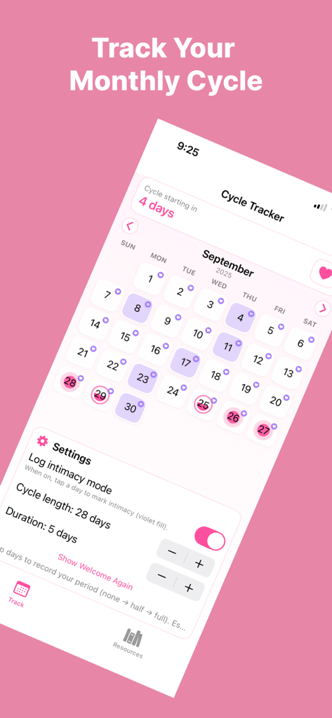 Period Calendar Cycle Tracker - Interfaz de la aplicación móvil Calendario Menstrual Rastreador de Ciclo que muestra un calendario mensual con días de período rastreados y configuraciones de ciclo