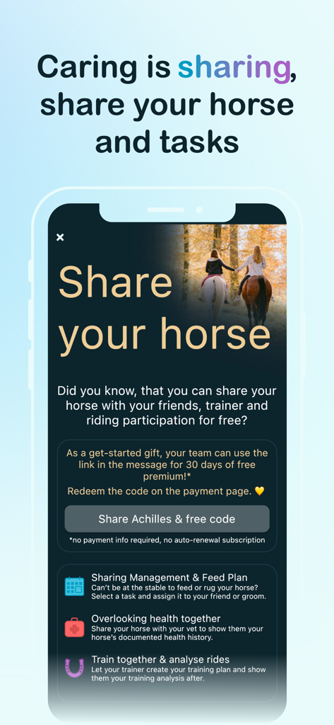 Happie Horse Management - Interface of Happie Horse app showing how to share horse records and tasks with a care team like vets and trainers.