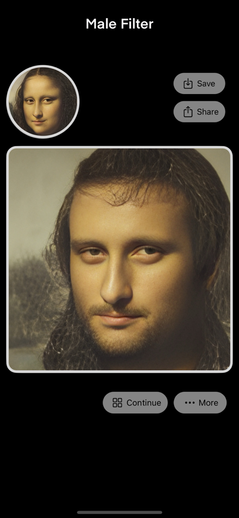 AI Face Magic - Your Bald Head - AI Face Magic app interface showing a male filter applied to the Mona Lisa painting with save and share options.