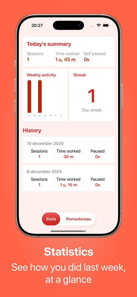 Pomodoreau - A screenshot of the Pomodoreau app showing productivity statistics and daily focus streaks