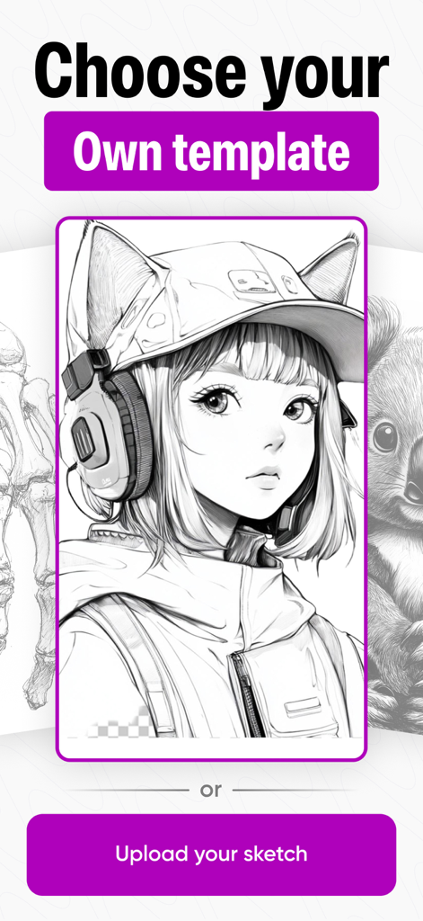 AR Drawing・Sketch Trace Draw - Écran de l'application mobile montrant les options de choix d'un modèle de dessin ou de téléchargement d'un croquis dans l'application AR Drawing.