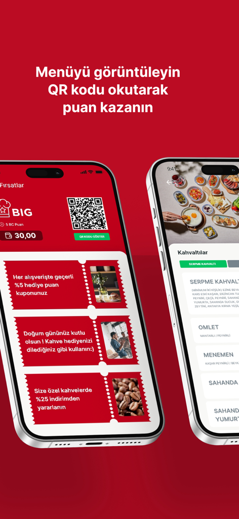 BigChefs App - Dos teléfonos inteligentes mostrando la aplicación BigChefs con cupones de recompensas de lealtad y un menú de desayuno digital sobre un fondo rojo