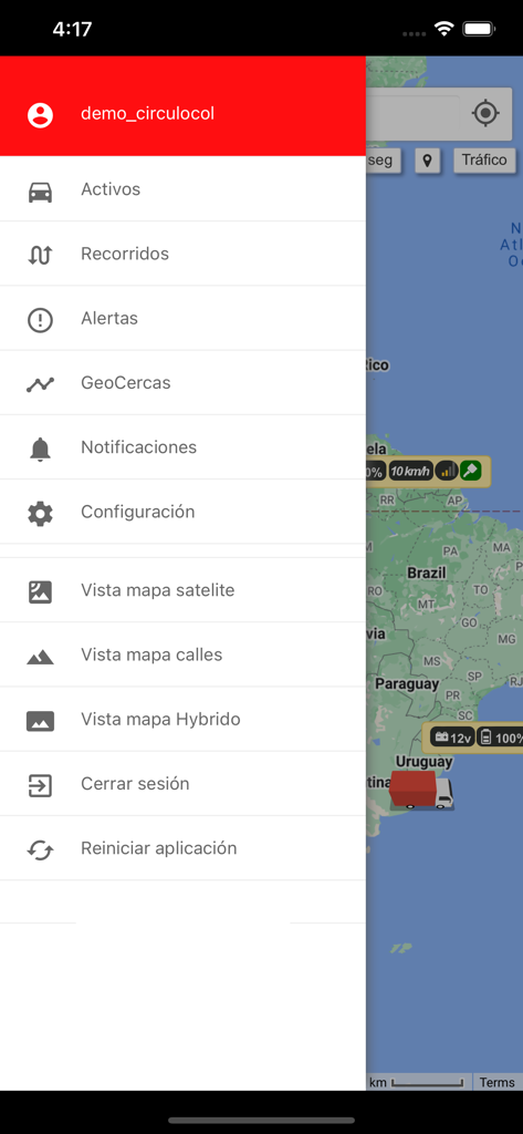 Claro Móvil - Menú lateral de la app Claro Movil mostrando funciones de gestión de flotas como activos, rutas, alertas y geocercas sobre un mapa GPS.
