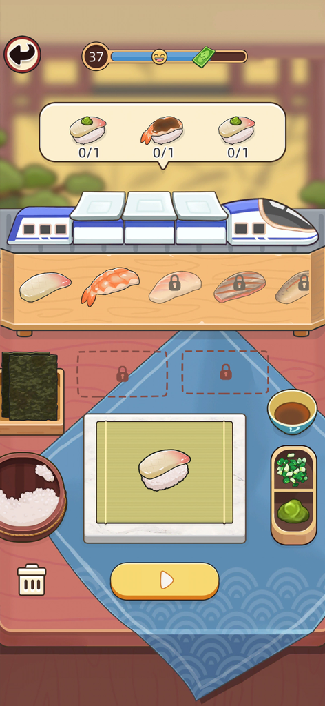 My Sushi Story - Uno schermo di minigioco per la preparazione del sushi in My Sushi Story con ingredienti e un treno di consegna