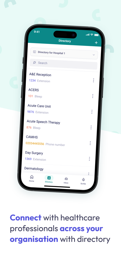 Accurx - Interface of the Accurx app showing a searchable hospital directory with department contact details and extensions