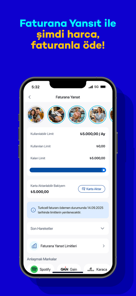Screenshot of the Paycell digital wallet showing the ready limit for bill payments
