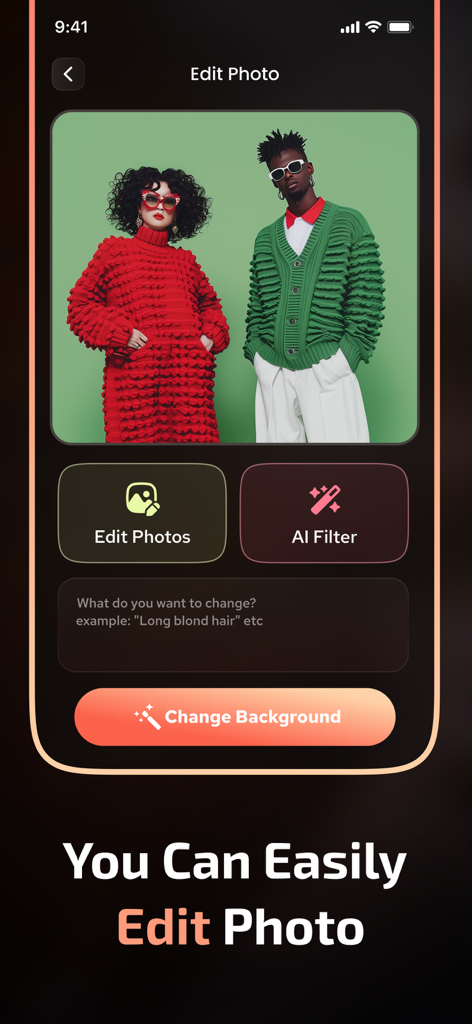AI Reels Generator - ReelStory - ReelStory app interface displaying photo editing features including AI filters and background changing