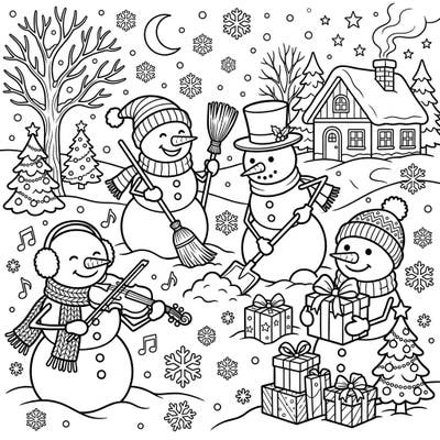 Experience the joy of a winter day with this delightful coloring page featuring cheerful snowmen engaged in various festive activities. From sweeping and shoveling to playing music and exchanging gifts, this scene invites you to bring their frosty fun to vibrant life with your favorite colors.