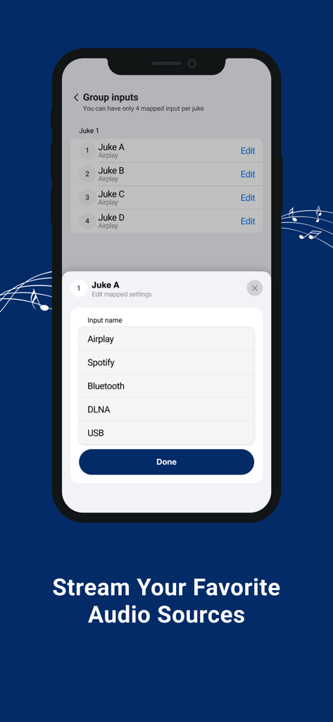 JUKE AUDIO - Interface of the Juke Audio app for selecting audio input sources like Airplay and Spotify