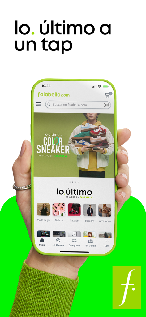 falabella.com – Compra online - Mano sosteniendo un smartphone que muestra la pantalla de inicio de la app Falabella con una promoción de zapatillas y varias categorías de compras
