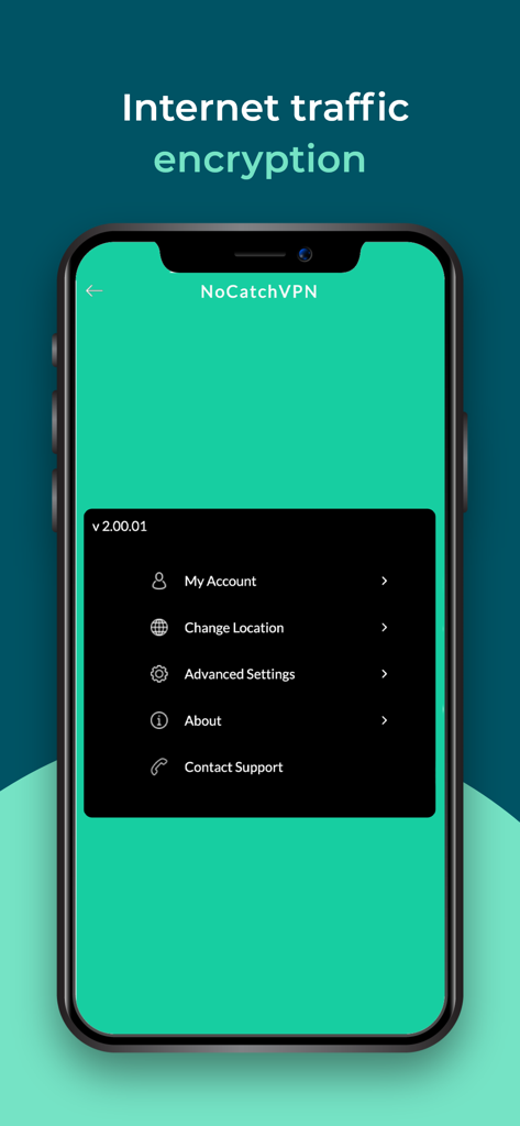 NoCatch VPN: Fast Proxy Speed - NoCatch VPN app settings menu on an iPhone showing options for account location and encryption