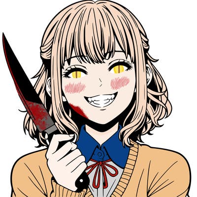 a realistic girl with knife and grining