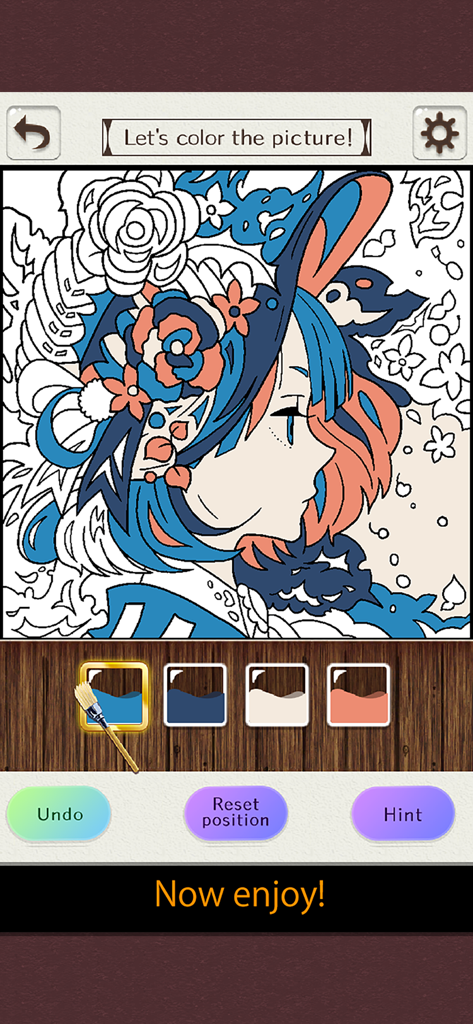 Coloring puzzle-Colorful Games - A screenshot of the Coloring puzzle app showing an anime girl illustration being colored with a palette of four colors.