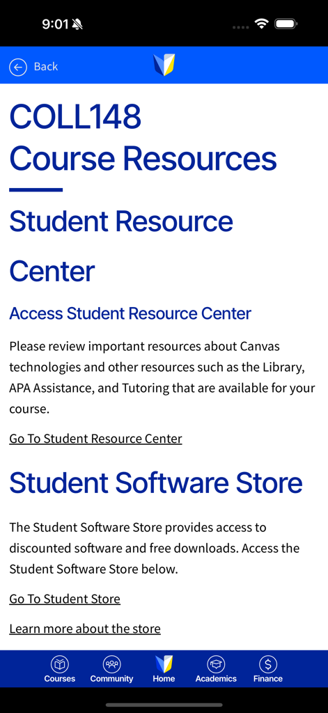 Tela de recursos do curso e loja de software para estudantes do aplicativo DeVry University