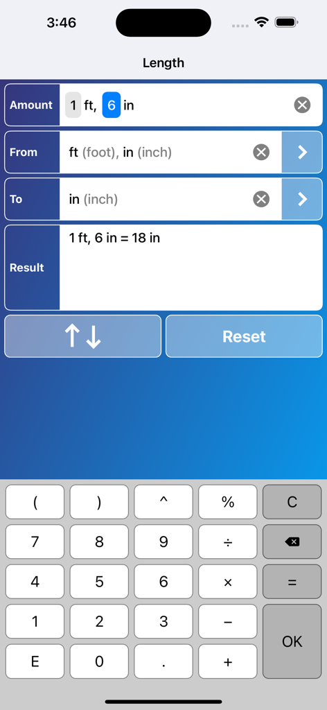 Convert Any Unit mobile app screen showing a length conversion from feet to inches
