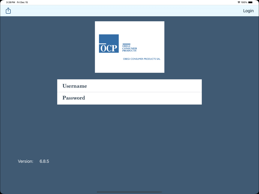 ObegiOrdering - ObegiOrdering app login interface on iPad