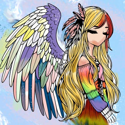 realistic girl with bird wings and some feathers in her hair