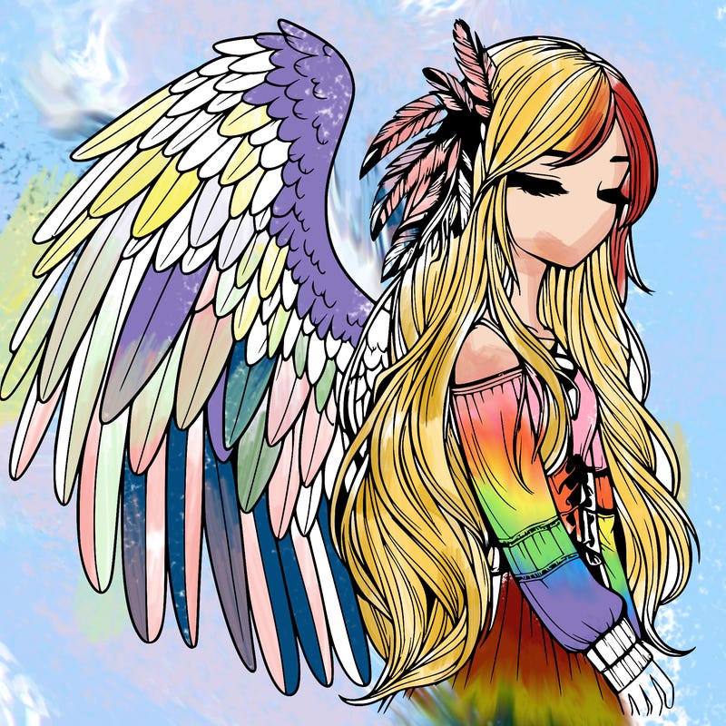 realistic girl with bird wings and some feathers in her hair
