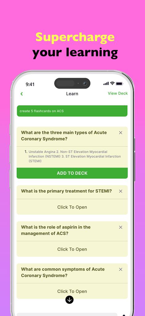 Mon AI - Interfaz de la aplicación Mon AI que muestra la generación de tarjetas de memoria médicas para el aprendizaje clínico y la preparación de exámenes