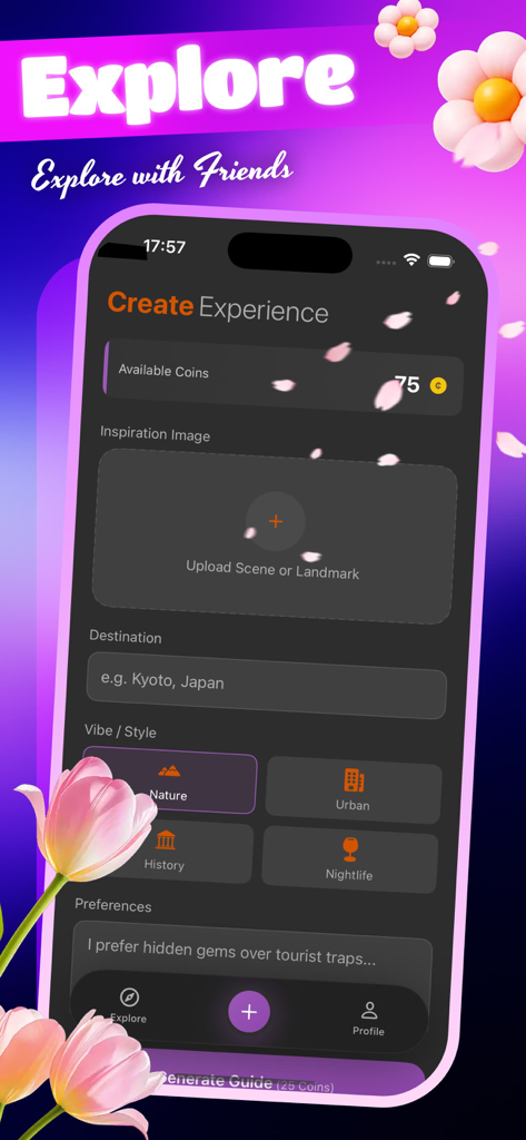 Flixi Share & Moments - Écran de l'application Flixi pour créer une expérience de voyage personnalisée avec des paramètres de destination et de style IA
