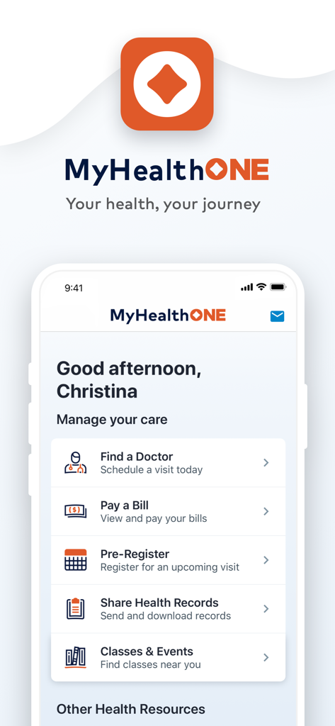 MyHealthONE - A tela inicial do aplicativo MyHealthONE mostrando opções de gerenciamento de saúde como encontrar um médico e pagar contas.