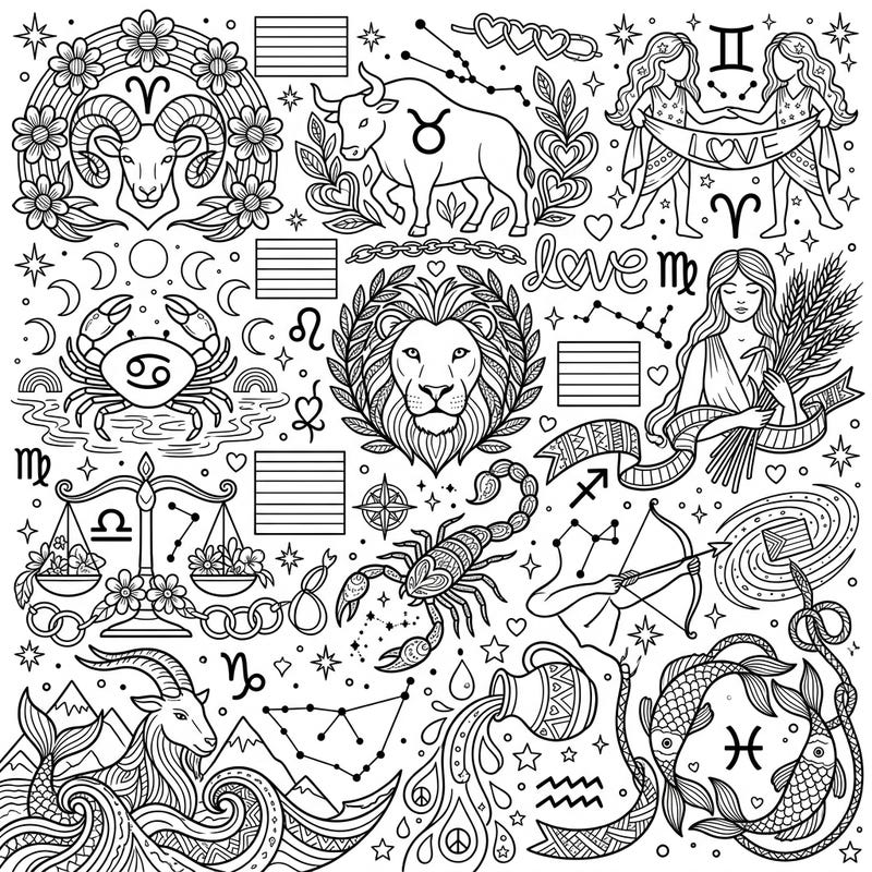 Embark on a magical coloring journey that beautifully combines the mystical world of zodiac signs with the vibrant spirit of Pride Month. Discover intricate patterns featuring all twelve astrological symbols alongside heartwarming symbols of love, diversity, and community.