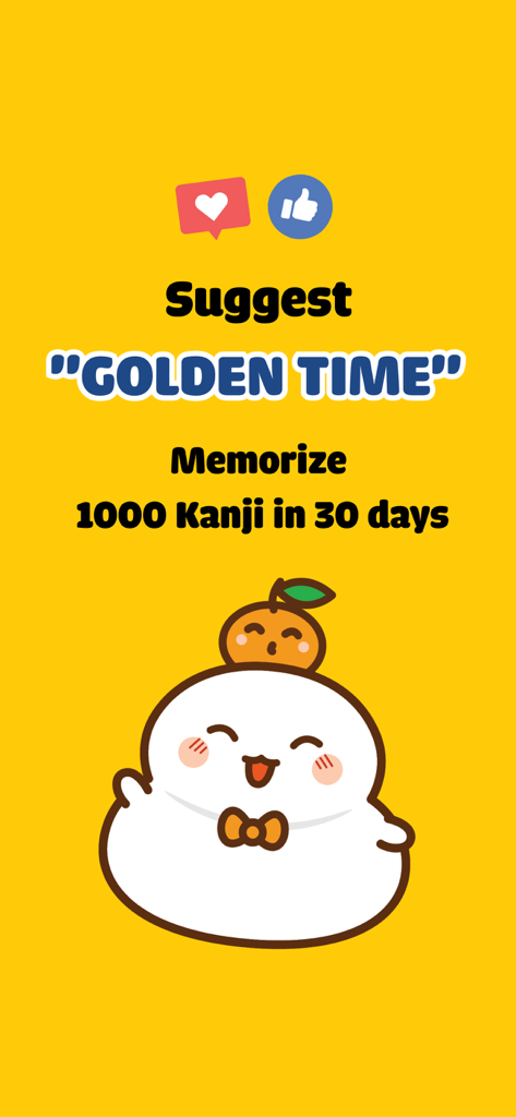 MochiKanji - Learn Japanese - Pantalla de la app MochiKanji promocionando la función Tiempo Dorado para memorizar 1000 Kanji en 30 días con una linda mascota